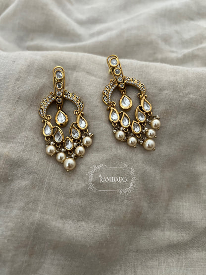 Parineeti Teardrop Mossainite Pearl Adorned Gold Finish Premium Designer Festive Earrings By Ranibaug