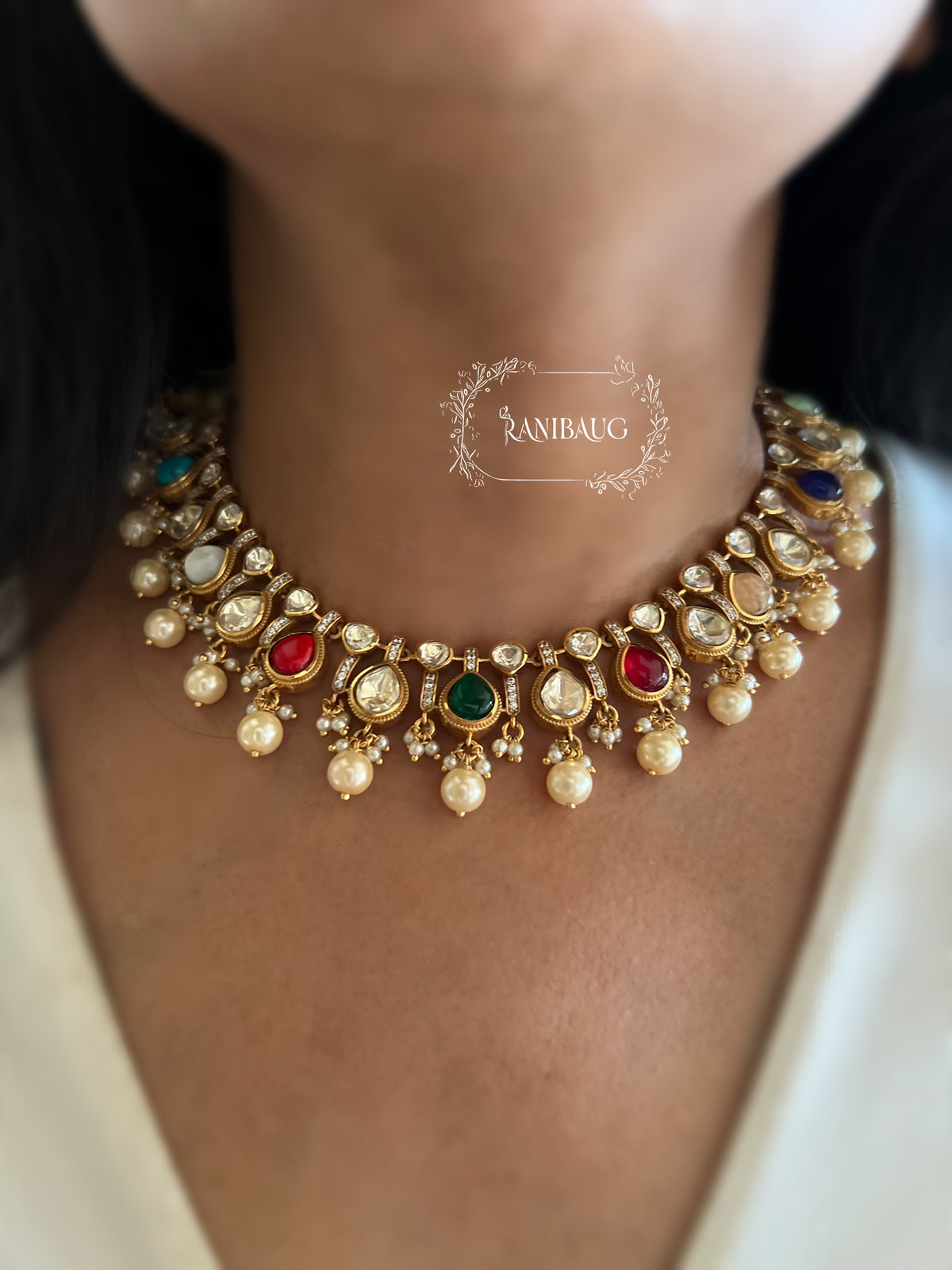 Parinita Multicolor Traditional Royal Mossainite Polki Gold Finish Subtle Necklace Set By Ranibaug