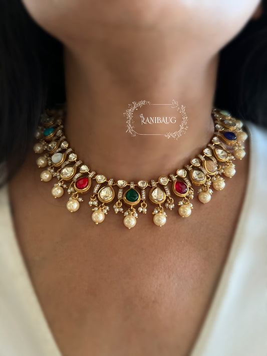 Parinita Multicolor Traditional Royal Mossainite Polki Gold Finish Subtle Necklace Set By Ranibaug