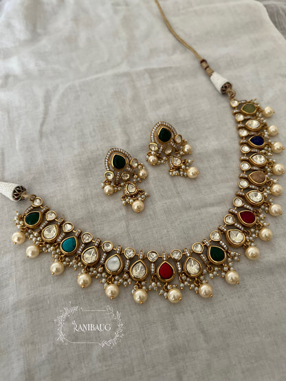 Parinita Multicolor Traditional Royal Mossainite Polki Gold Finish Subtle Necklace Set By Ranibaug