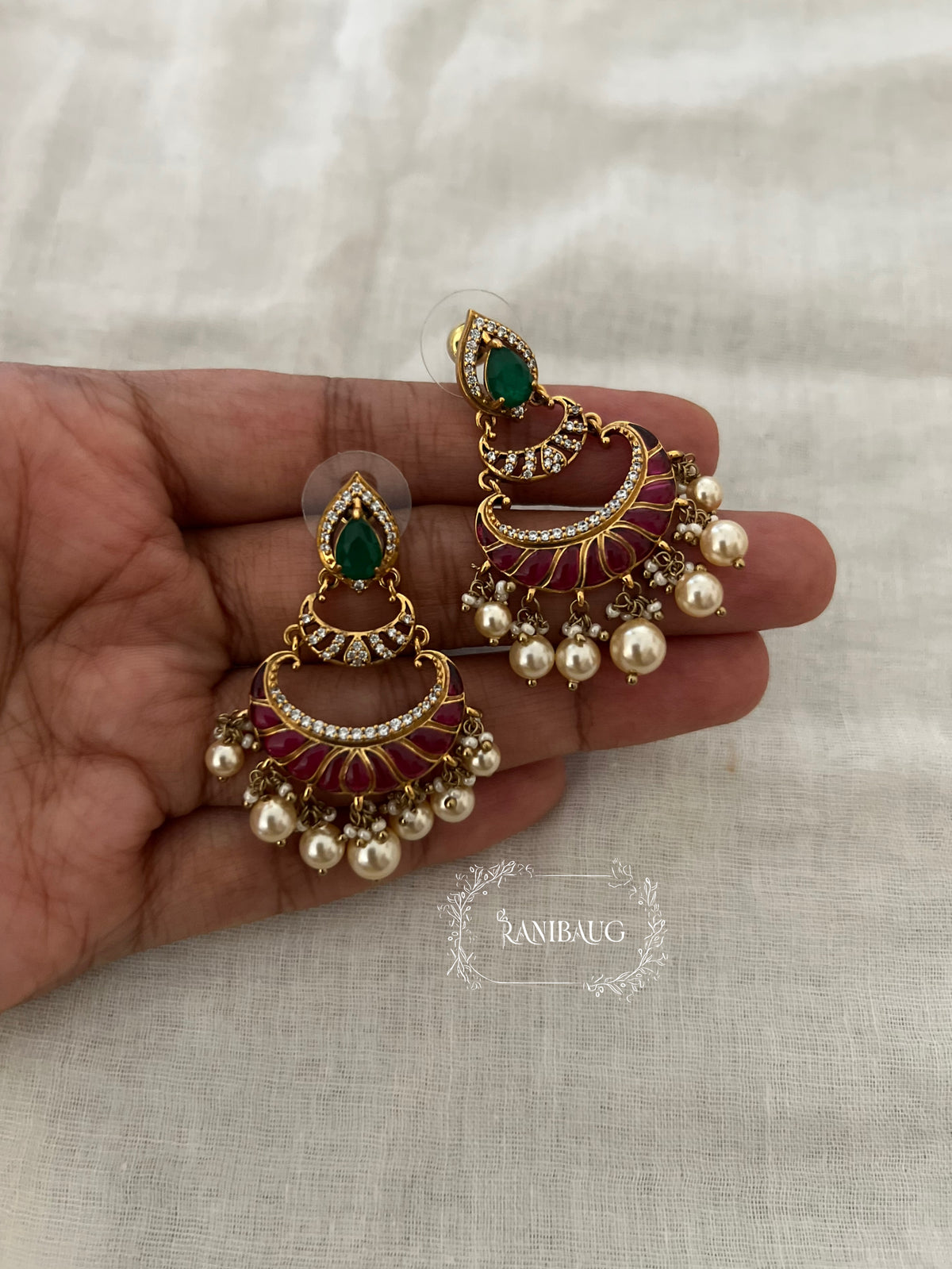 Pavitra Meenakari Inspired Layered Gold Finish Chandbali With Pearl Accents By Ranibaug