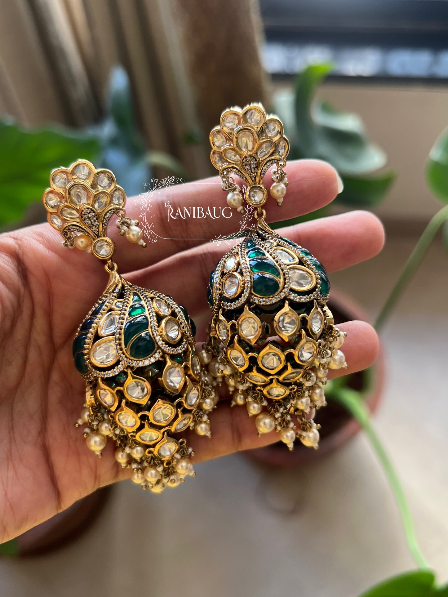 Peacock Polki Kundan Dangler Jhumka Earrings by Ranibaug