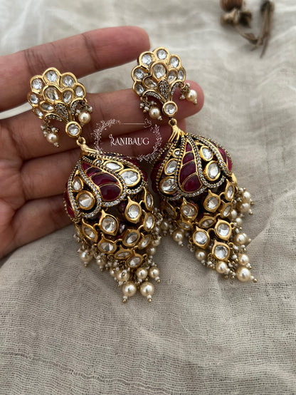 Peacock Polki Kundan Dangler Jhumka Earrings by Ranibaug
