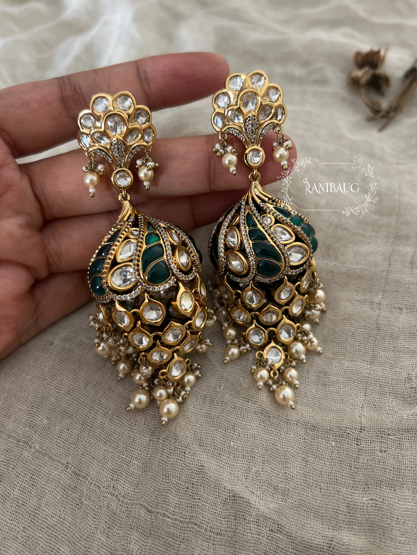 Peacock Polki Kundan Dangler Jhumka Earrings by Ranibaug