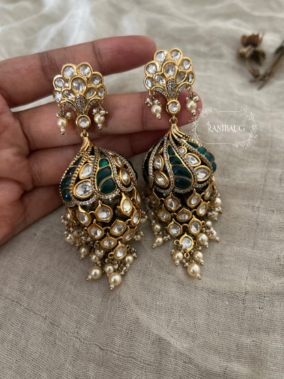 Peacock Polki Kundan Dangler Jhumka Earrings by Ranibaug