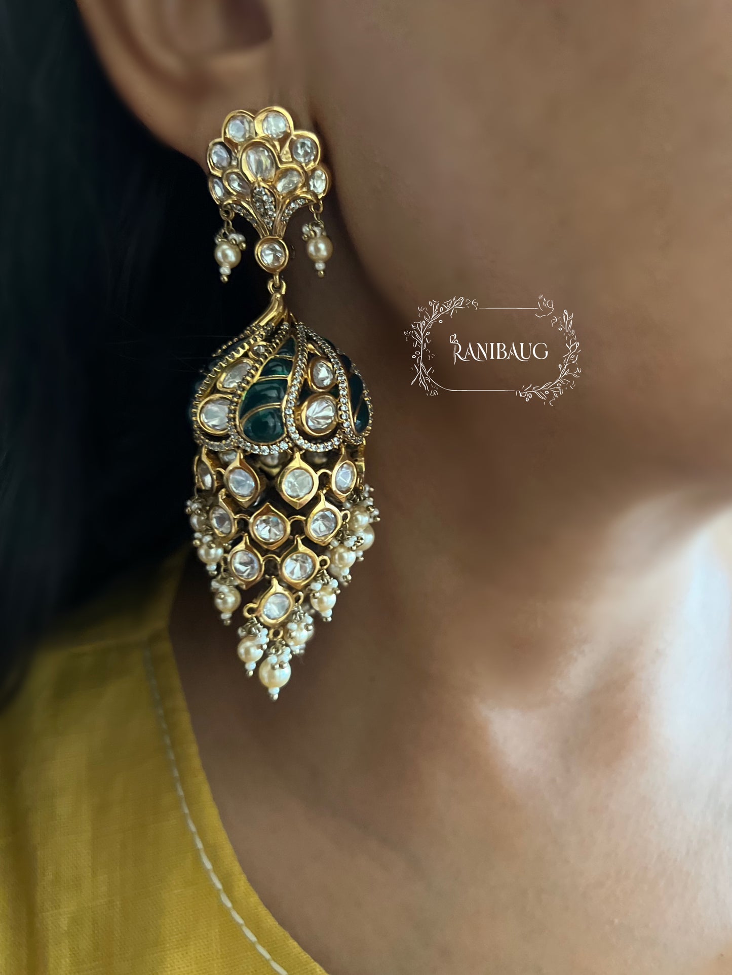 Peacock Polki Kundan Dangler Jhumka Earrings by Ranibaug