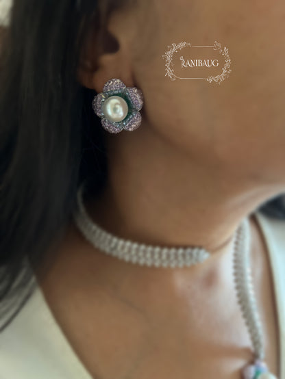 Pearl Blossom Diamond Necklace Set By Ranibaug
