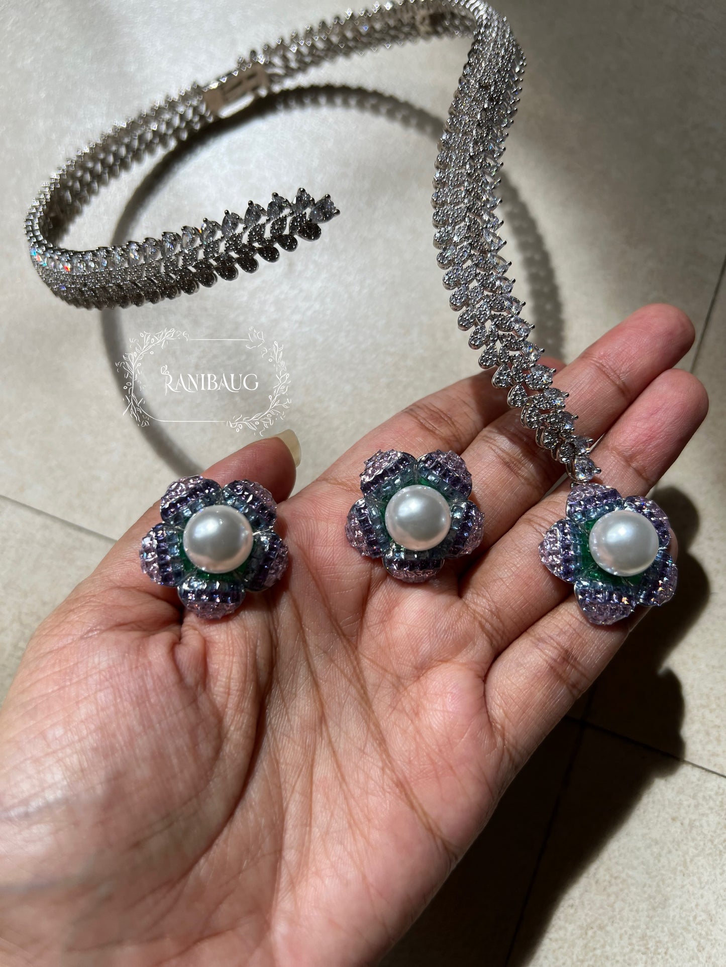 Pearl Blossom Diamond Necklace Set By Ranibaug