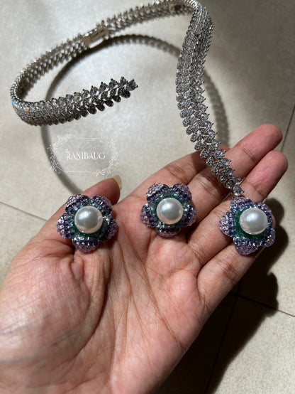 Pearl Blossom Diamond Necklace Set By Ranibaug