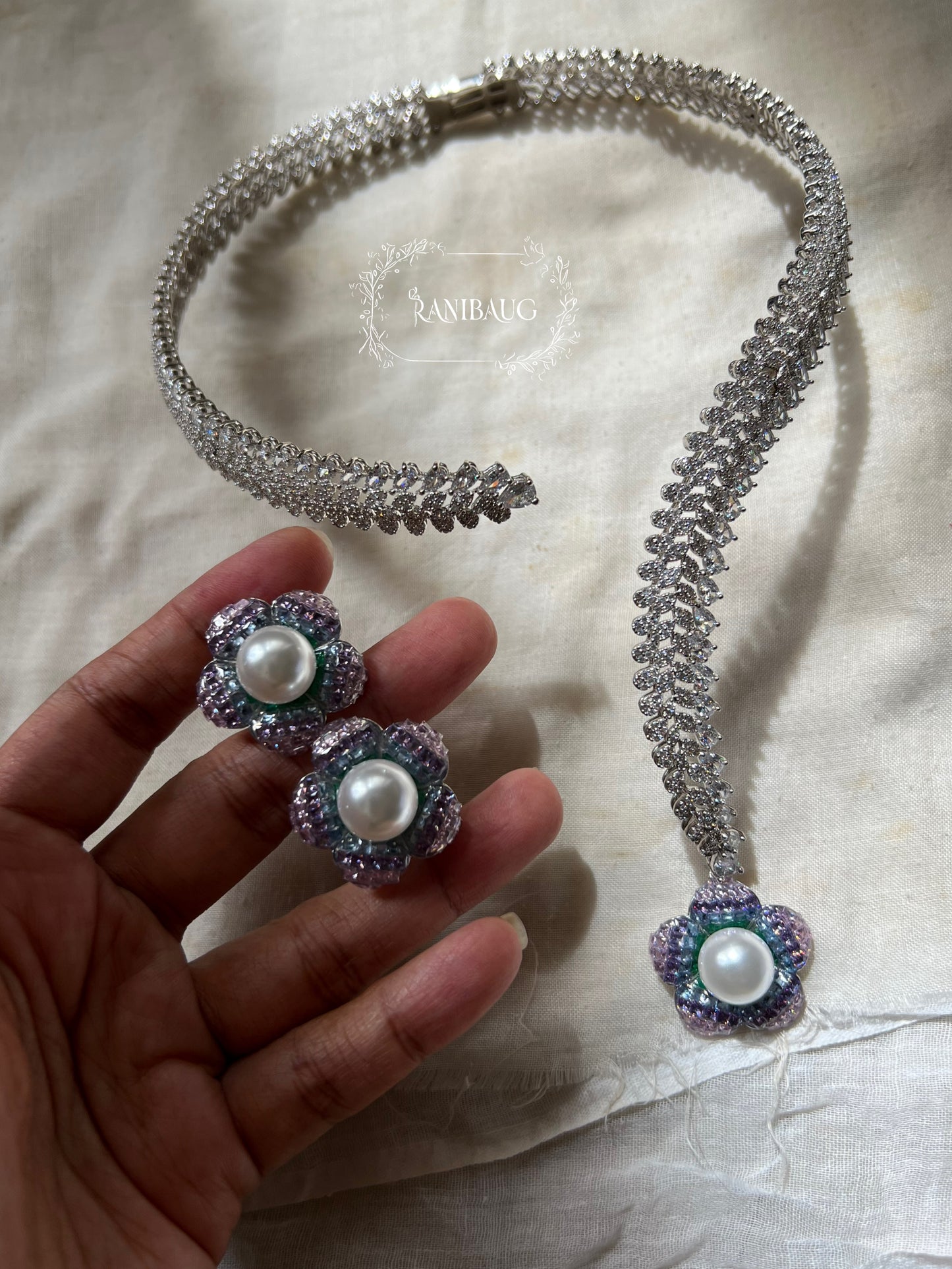 Pearl Blossom Diamond Necklace Set By Ranibaug