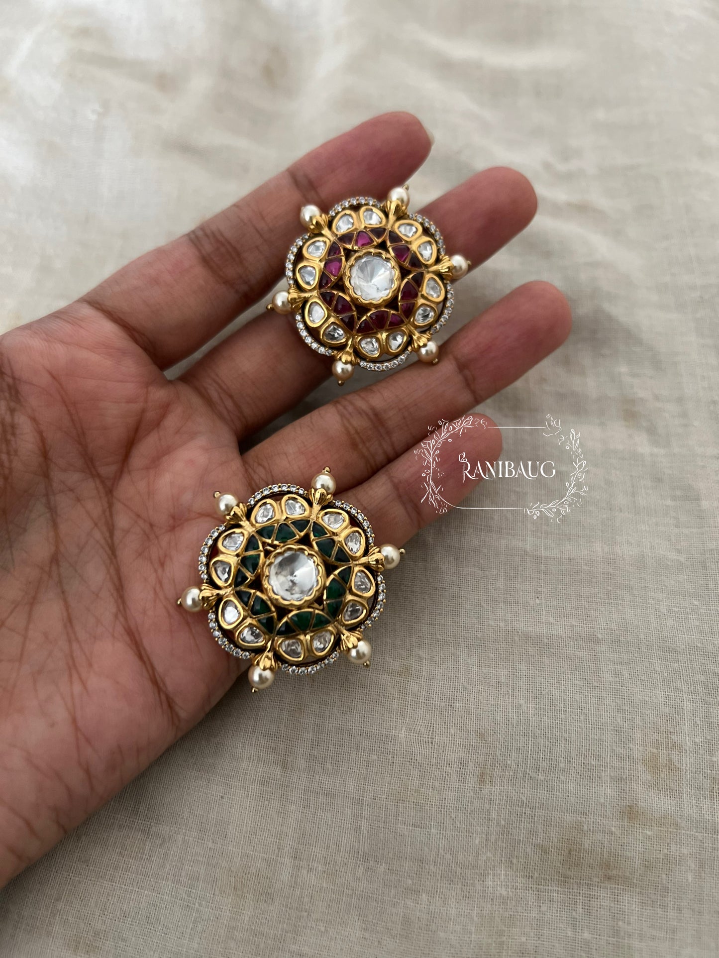 Phool Chakra Floral Polki Studded Pearl Adorned Gold Plated Royal Ring Jewelry By Ranibaug