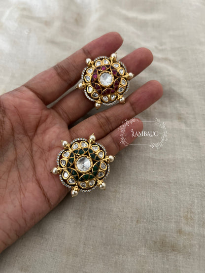 Phool Chakra Floral Polki Studded Pearl Adorned Gold Plated Royal Ring Jewelry By Ranibaug