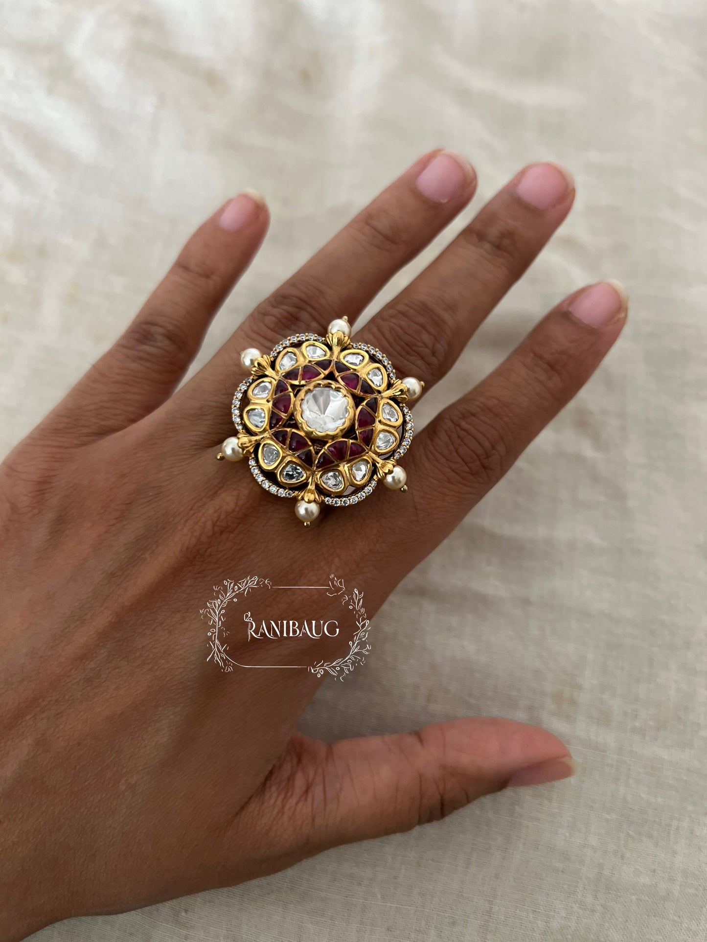 Phool Chakra Floral Polki Studded Pearl Adorned Gold Plated Royal Ring Jewelry By Ranibaug