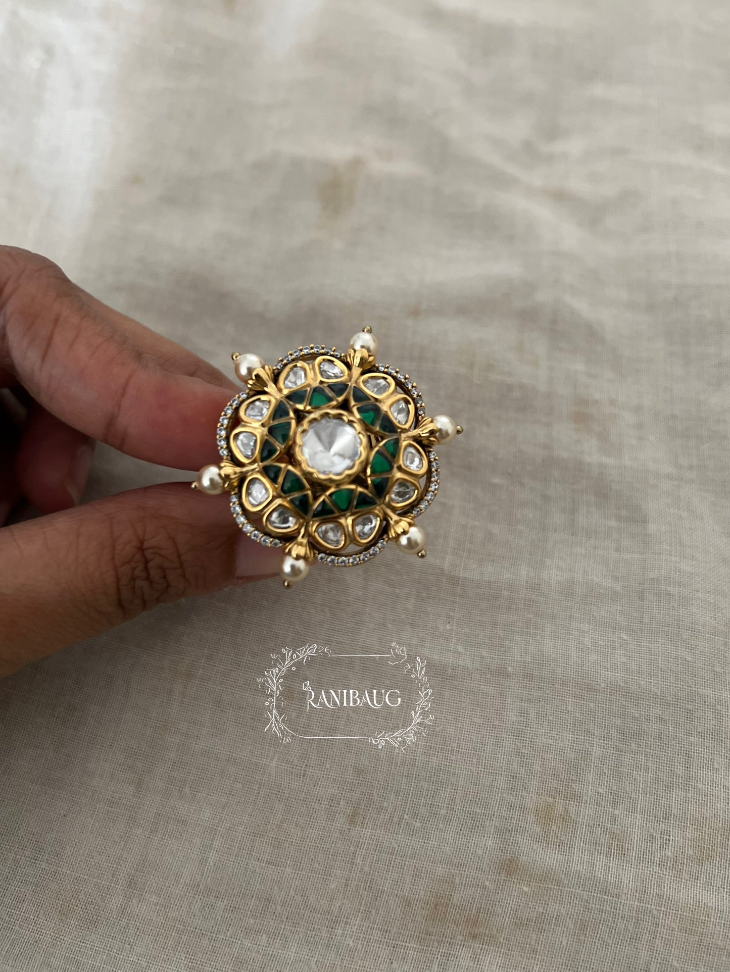Phool Chakra Floral Polki Studded Pearl Adorned Gold Plated Royal Ring Jewelry By Ranibaug