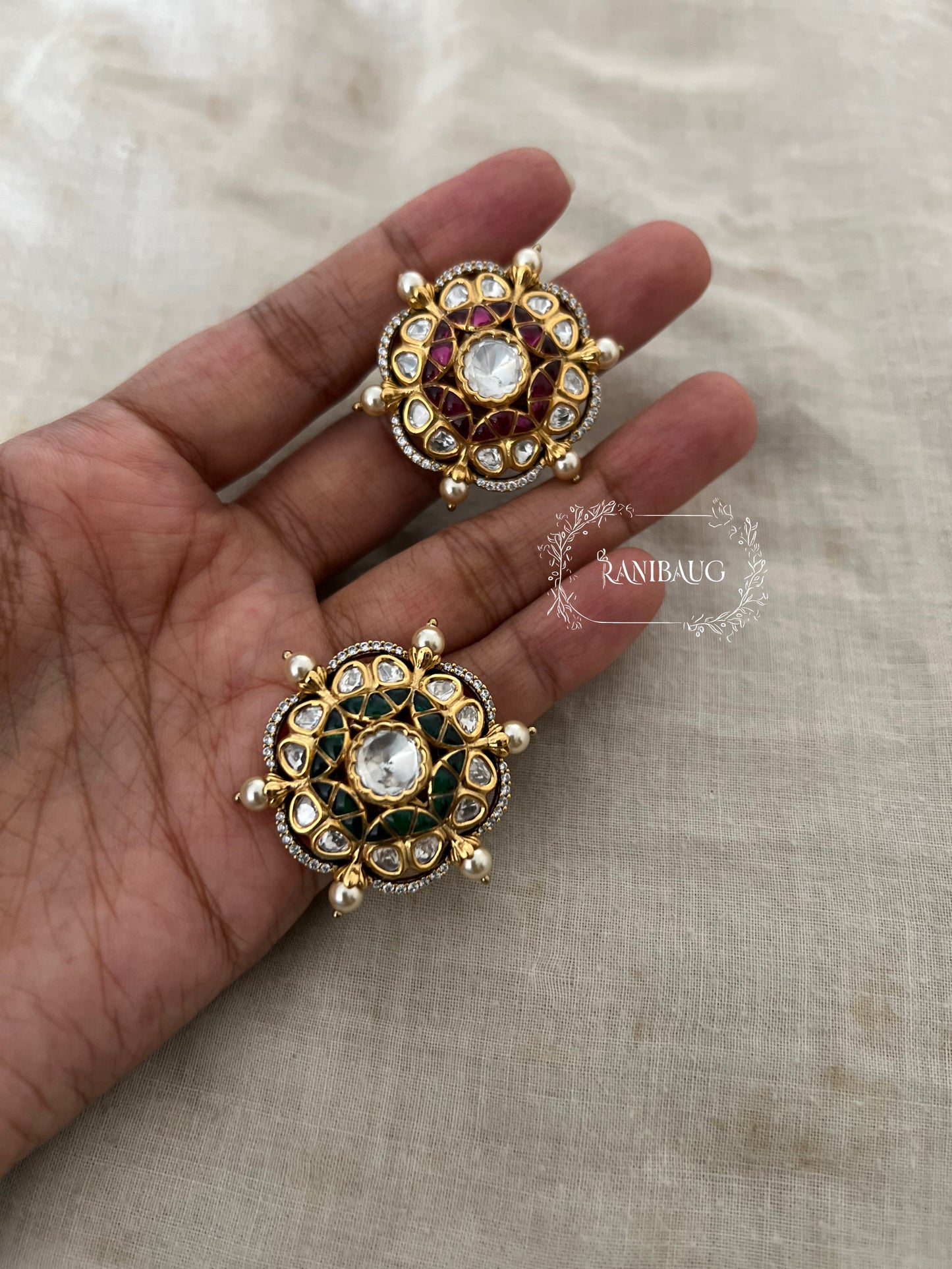 Phool Chakra Floral Polki Studded Pearl Adorned Gold Plated Royal Ring Jewelry By Ranibaug