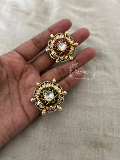 Phool Chakra Floral Polki Studded Pearl Adorned Gold Plated Royal Ring Jewelry By Ranibaug