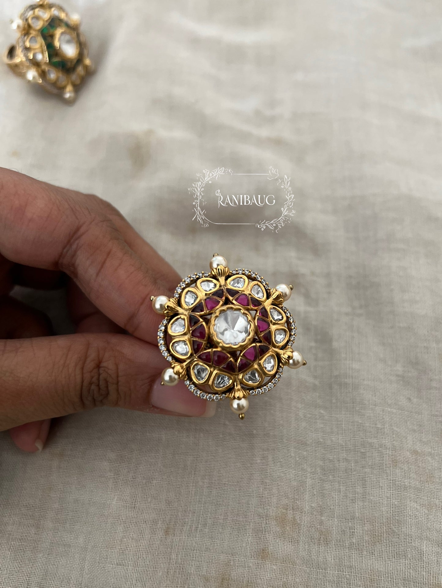 Phool Chakra Floral Polki Studded Pearl Adorned Gold Plated Royal Ring Jewelry By Ranibaug