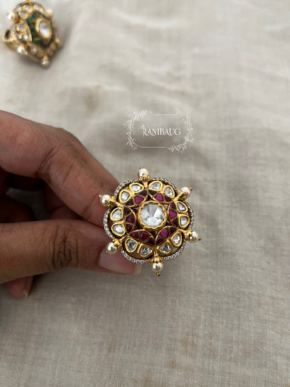 Phool Chakra Floral Polki Studded Pearl Adorned Gold Plated Royal Ring Jewelry By Ranibaug