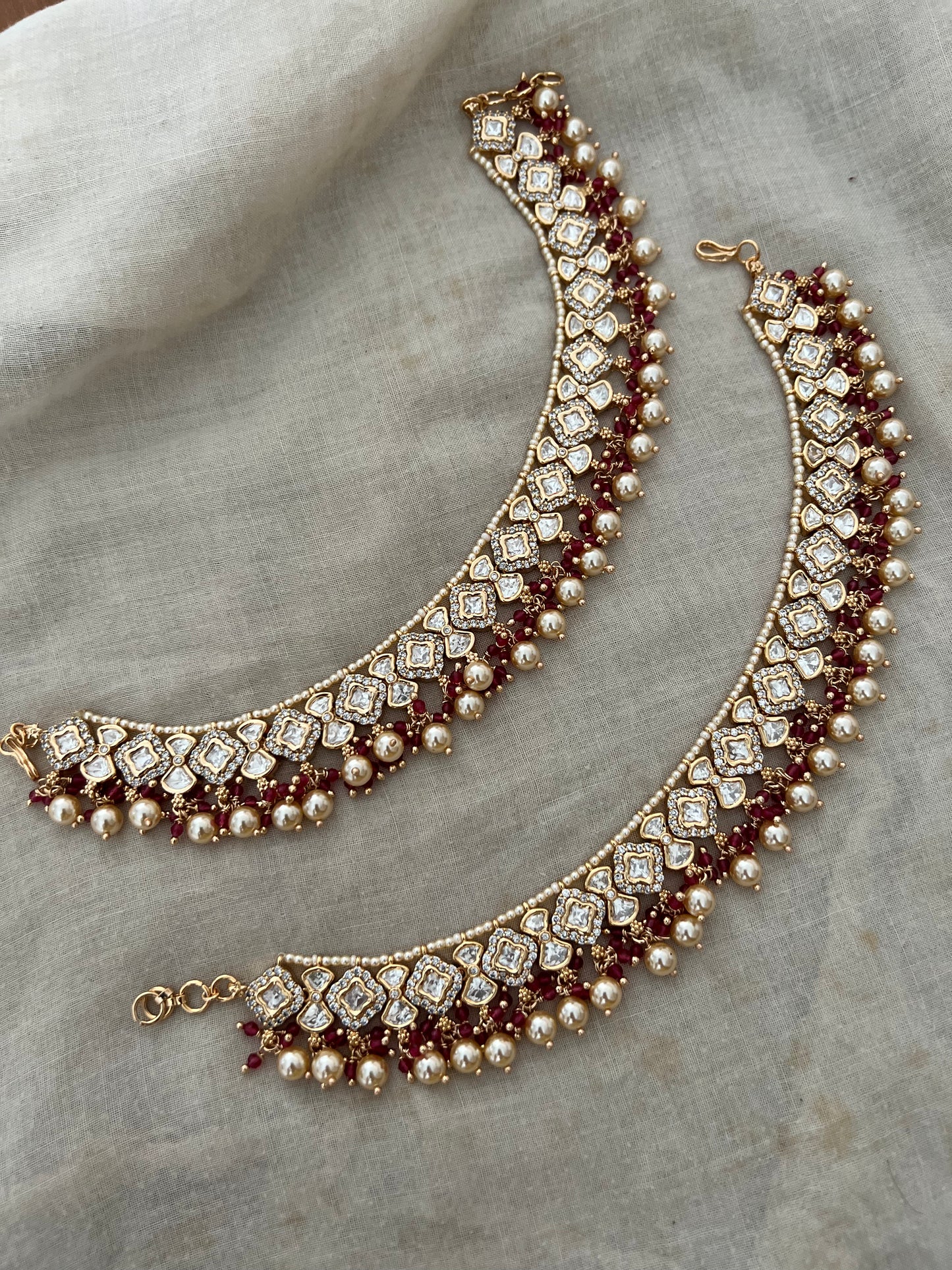 Phool Royal Polki Studded Gold Plated Pearl Heavy Mossainite Anklets For Women By Ranibaug