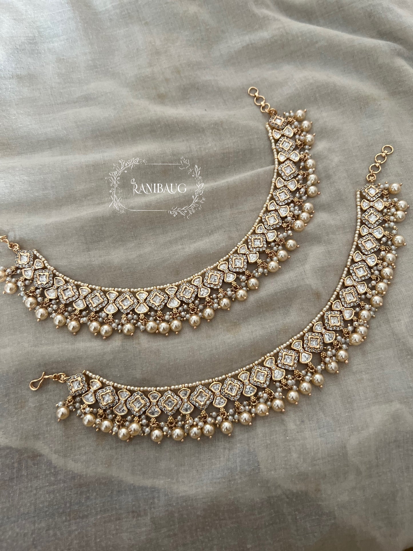 Phool Royal Polki Studded Gold Plated Pearl Heavy Mossainite Anklets For Women By Ranibaug
