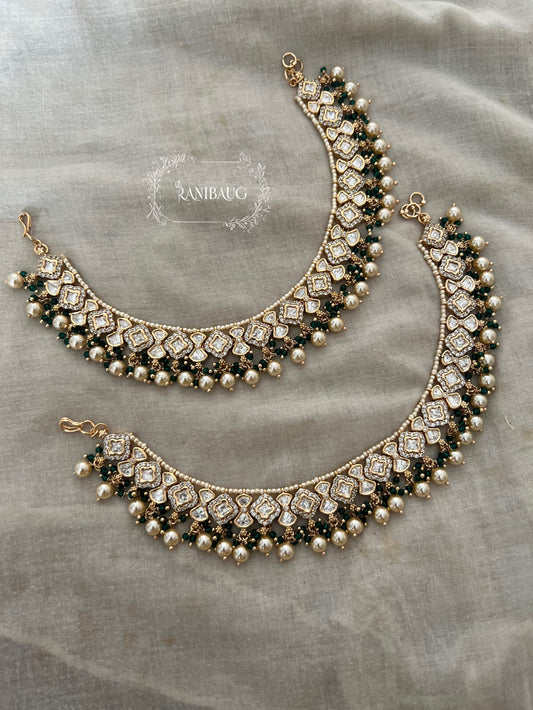 Phool Royal Polki Studded Gold Plated Pearl Heavy Mossainite Anklets For Women By Ranibaug
