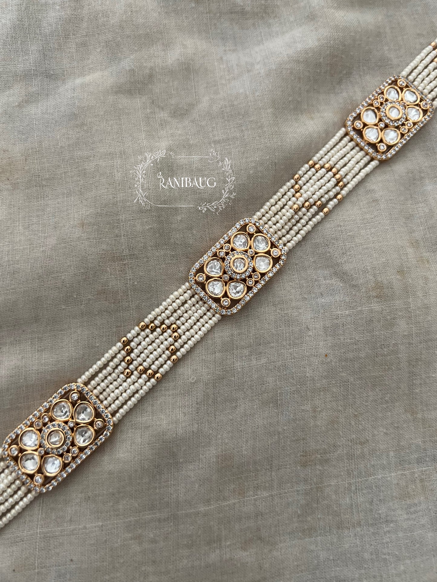 Phoolkawar Polki Panel Sheeshpatti With Multi-Strand Pearl And Gold Bead Detailing By Ranibaug