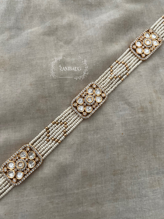 Phoolkawar Polki Panel Sheeshpatti With Multi-Strand Pearl And Gold Bead Detailing By Ranibaug
