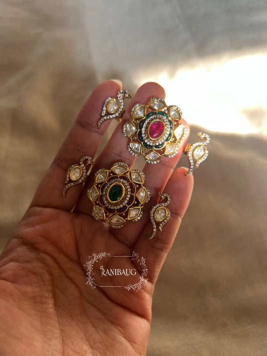 Pihu Jadau Inspired Bird Motif Kundan Studded Two Finger Designer Festive Ring By Ranibaug