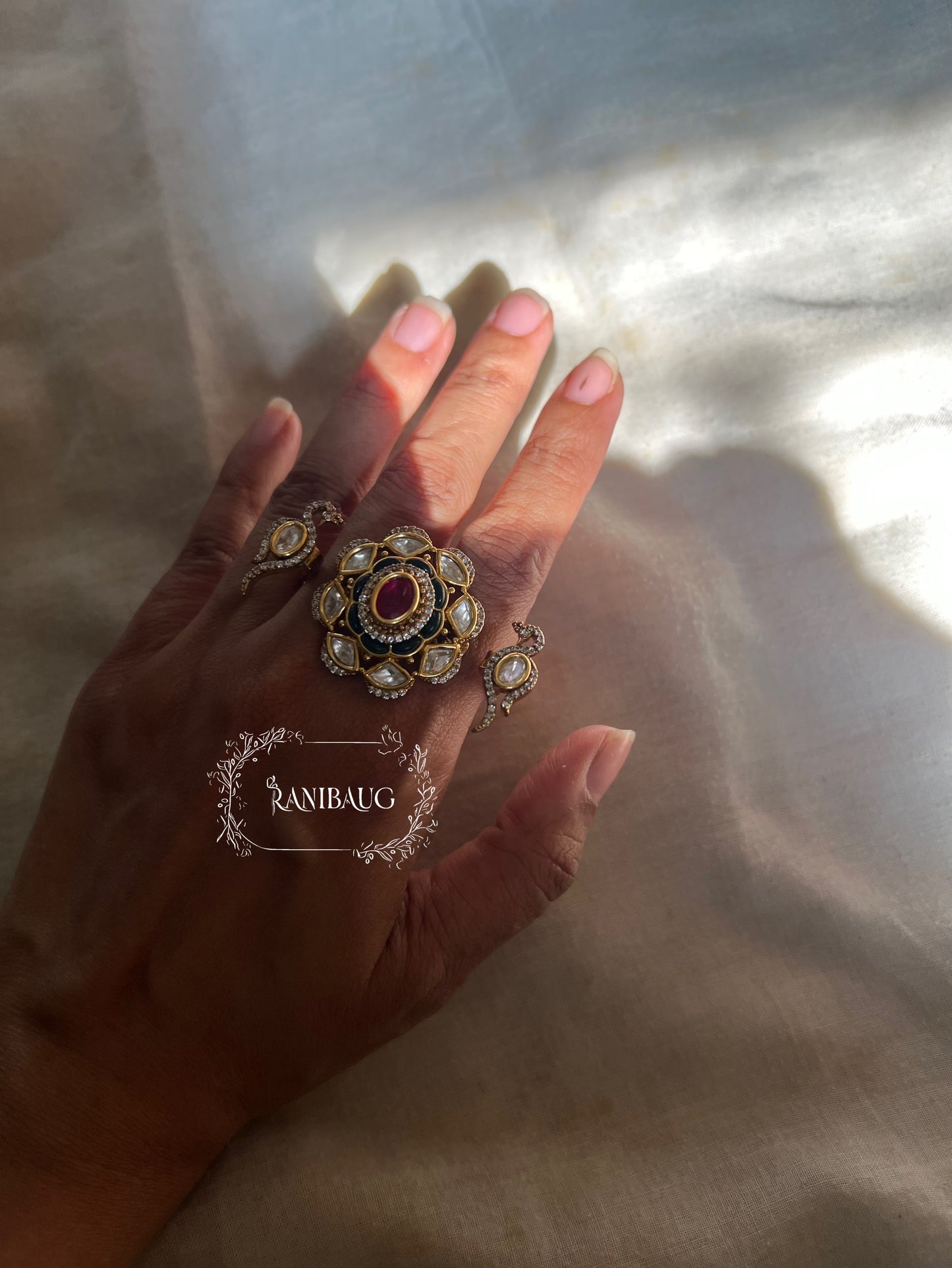 Pihu Jadau Inspired Bird Motif Kundan Studded Two Finger Designer Festive Ring By Ranibaug