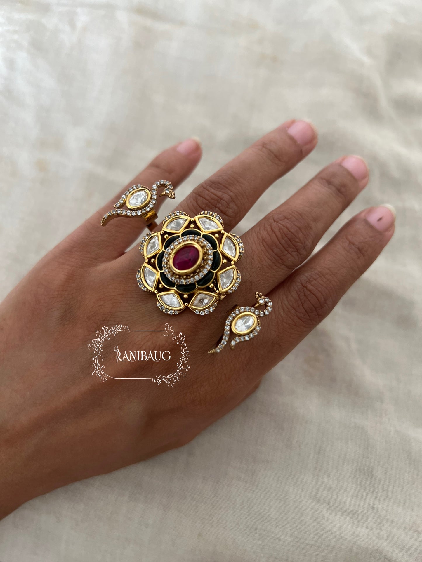 Pihu Jadau Inspired Bird Motif Kundan Studded Two Finger Designer Festive Ring By Ranibaug