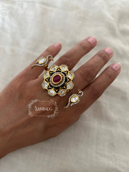 Pihu Jadau Inspired Bird Motif Kundan Studded Two Finger Designer Festive Ring By Ranibaug