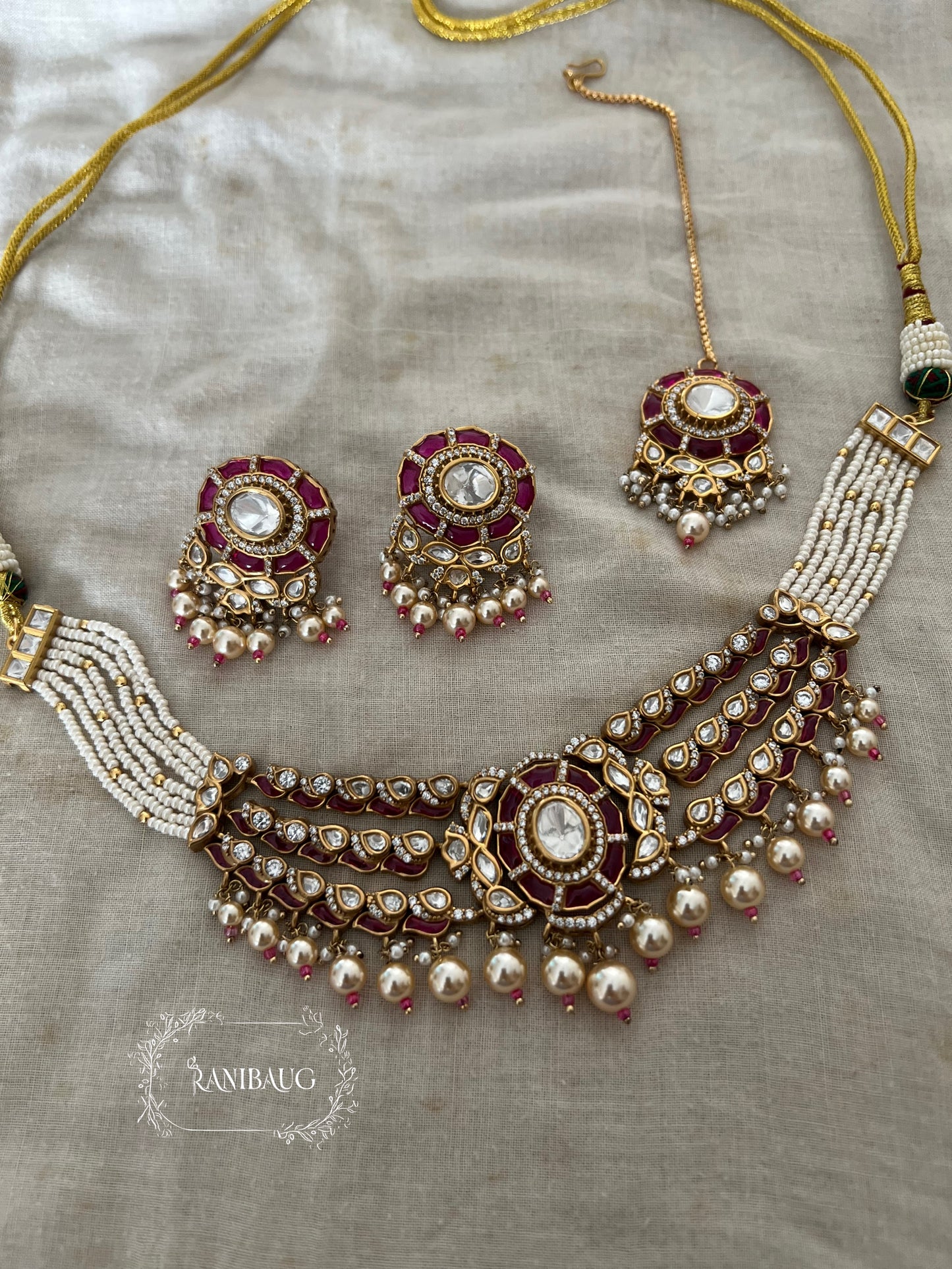Piyushi Polki Kundan Studded And Pearls Traditional Indian Choker Set Jewellery By Ranibaug