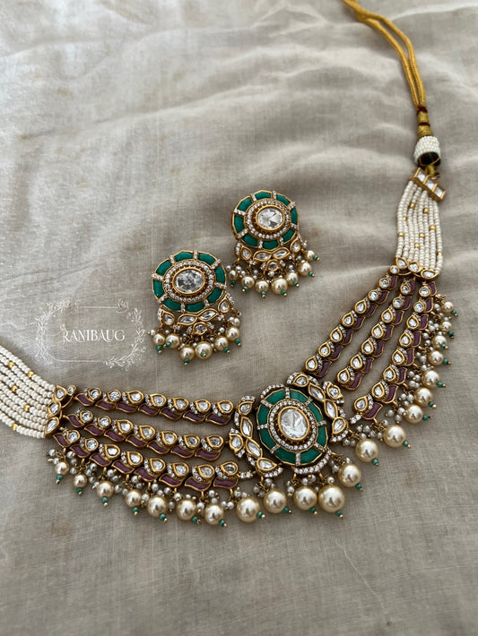 Piyushi Polki Kundan Studded And Pearls Traditional Indian Choker Set Jewellery Without Maang Tikka By Ranibaug
