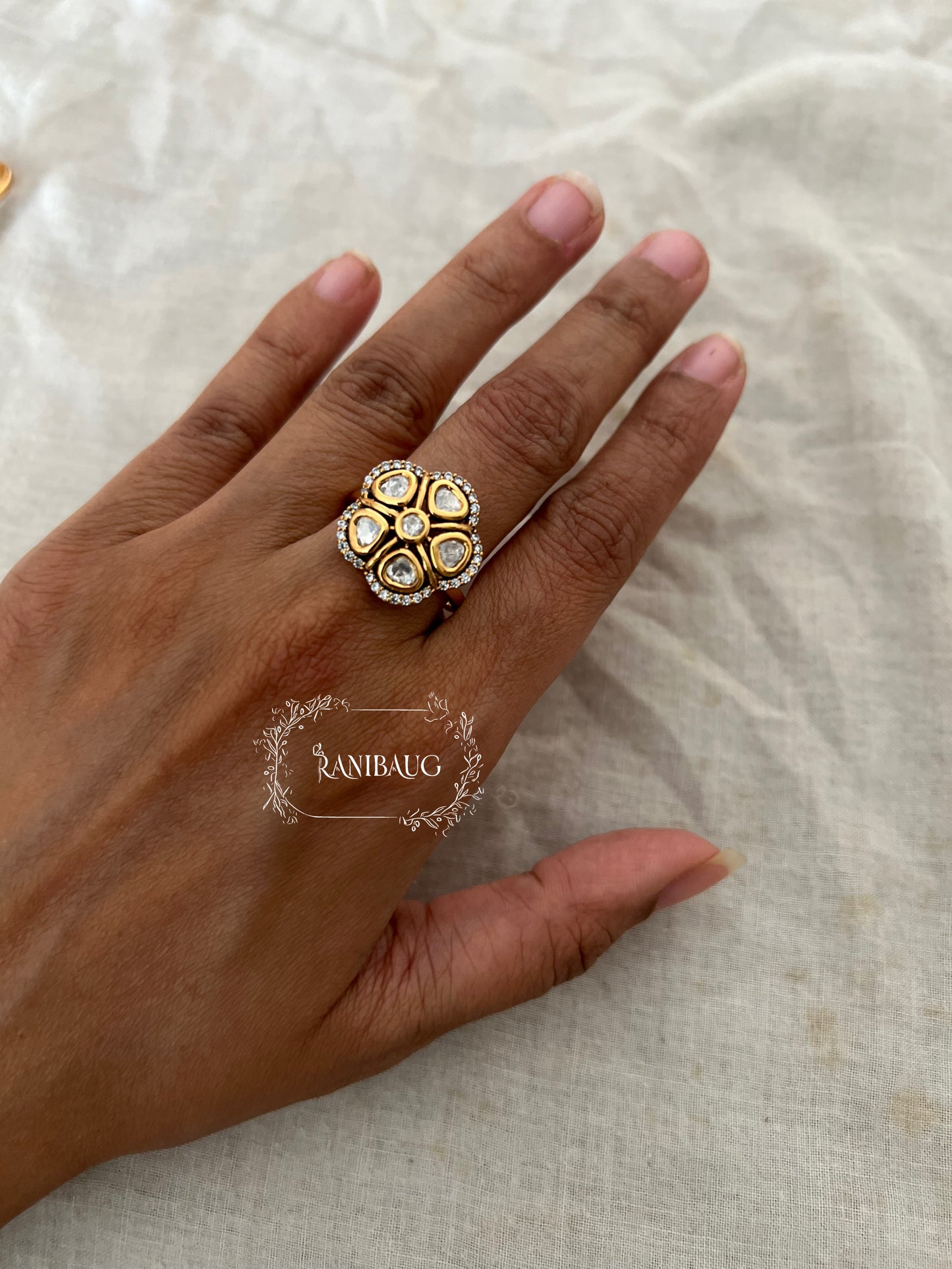 Poorvika Polki Kundan Studded Daisy Floral Minimal Ring Jewelry By Ranibaug