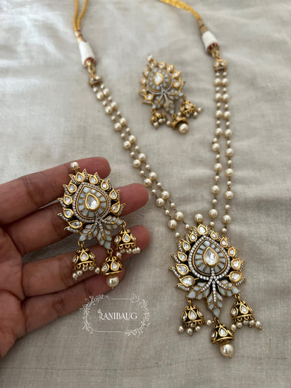Prachi Long Teardrop Pearl Necklace Set With Jhumki Dangler Pendant Style In Premium Gold Finish By Ranibaug