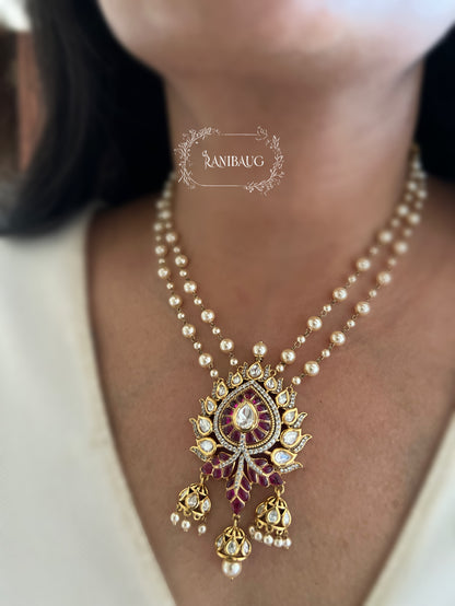 Prachi Long Teardrop Pearl Necklace Set With Jhumki Dangler Pendant Style In Premium Gold Finish By Ranibaug