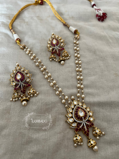 Prachi Long Teardrop Pearl Necklace Set With Jhumki Dangler Pendant Style In Premium Gold Finish By Ranibaug