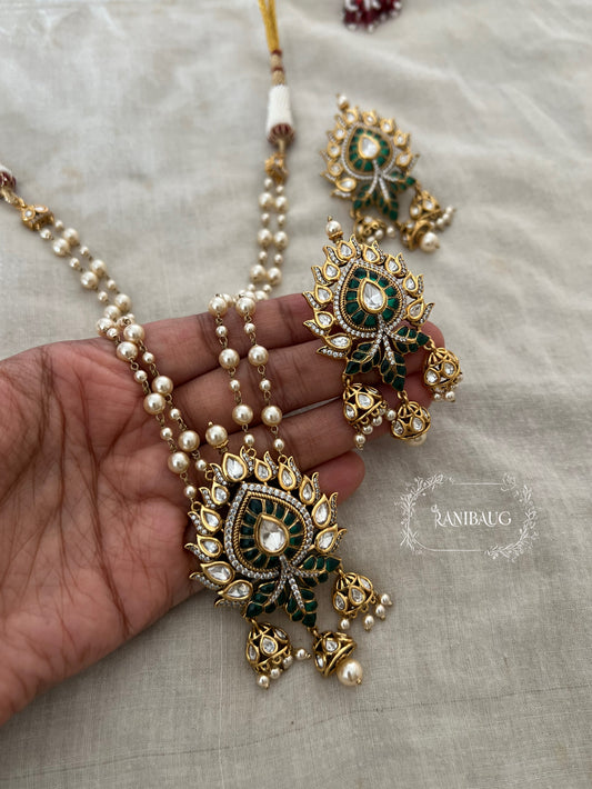 Prachi Long Teardrop Pearl Necklace Set With Jhumki Dangler Pendant Style In Premium Gold Finish By Ranibaug