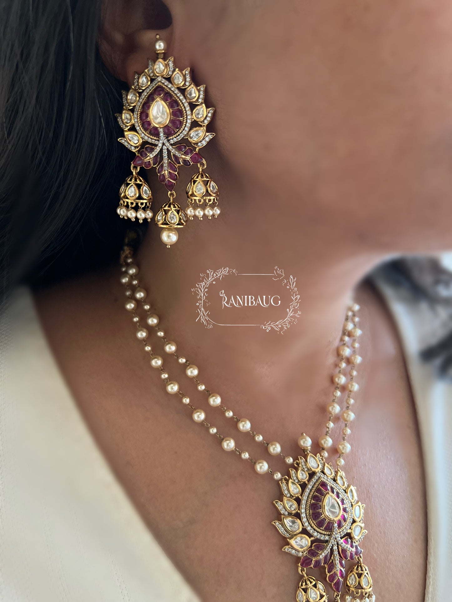 Prachi Long Teardrop Pearl Necklace Set With Jhumki Dangler Pendant Style In Premium Gold Finish By Ranibaug