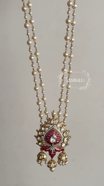 Prachi Long Teardrop Pearl Necklace Set With Jhumki Dangler Pendant Style In Premium Gold Finish By Ranibaug