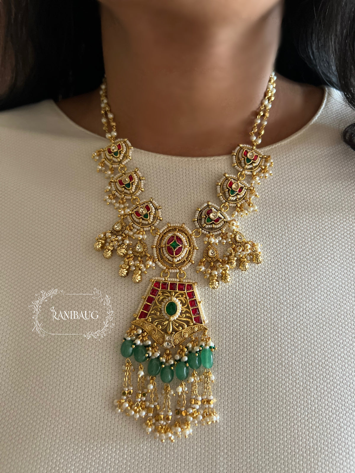 Prakshi Gold Finish Beaded Designer Heritage Necklace Set By Ranibaug