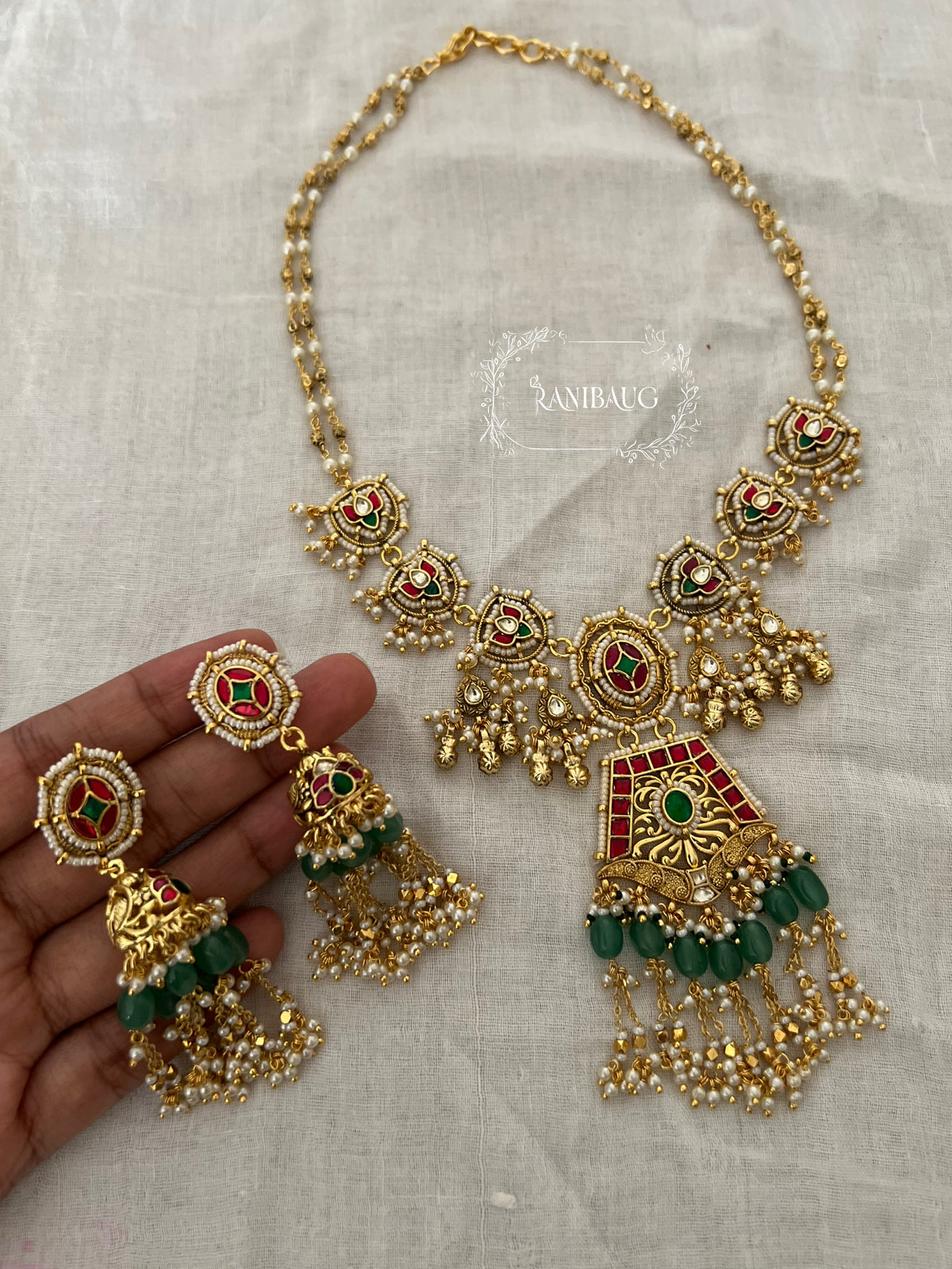 Prakshi Gold Finish Beaded Designer Heritage Necklace Set By Ranibaug