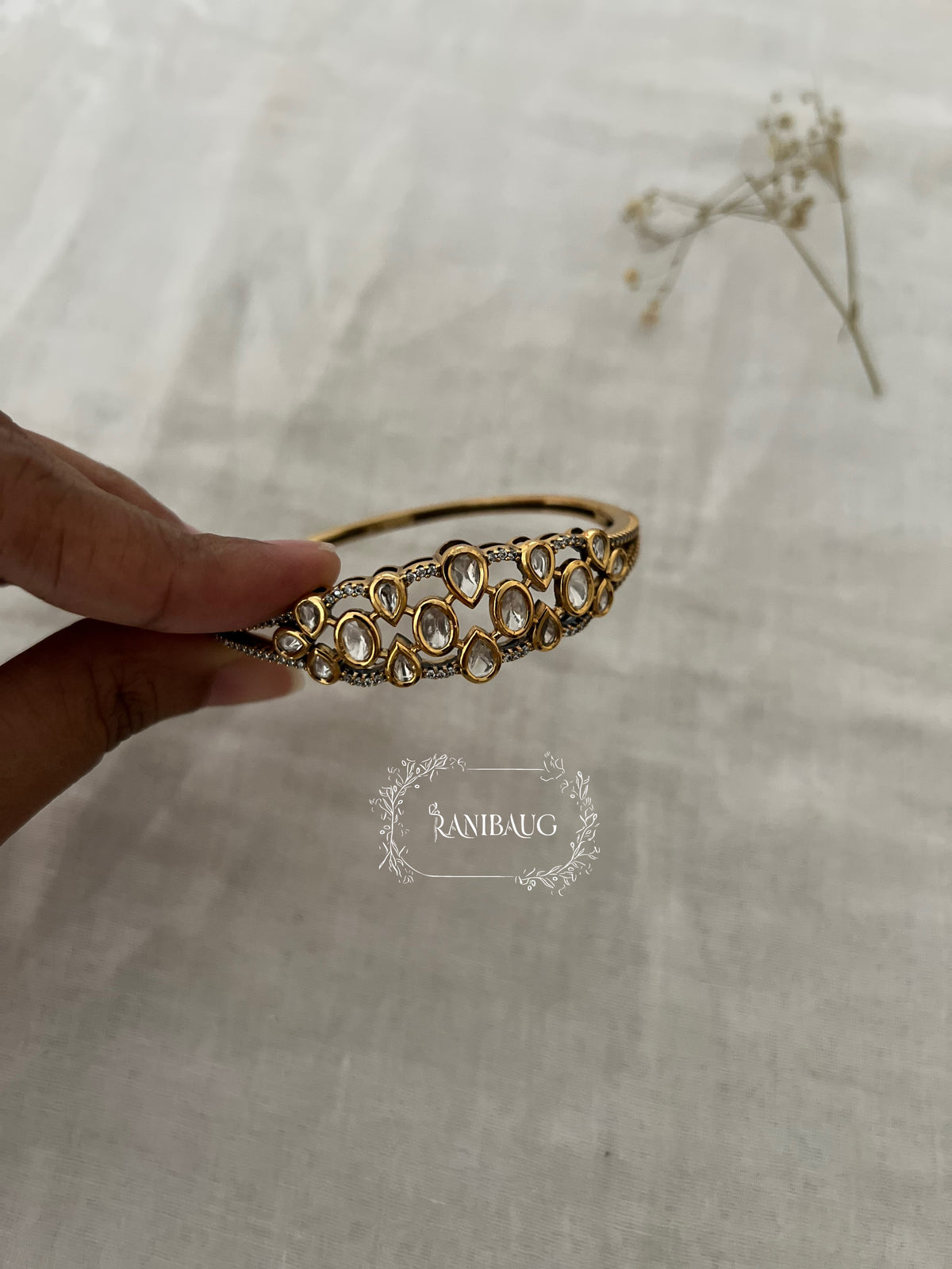 Praneeta Teardrop Polki Cluster Gold Finsh Designer Bracelet By Ranibaug
