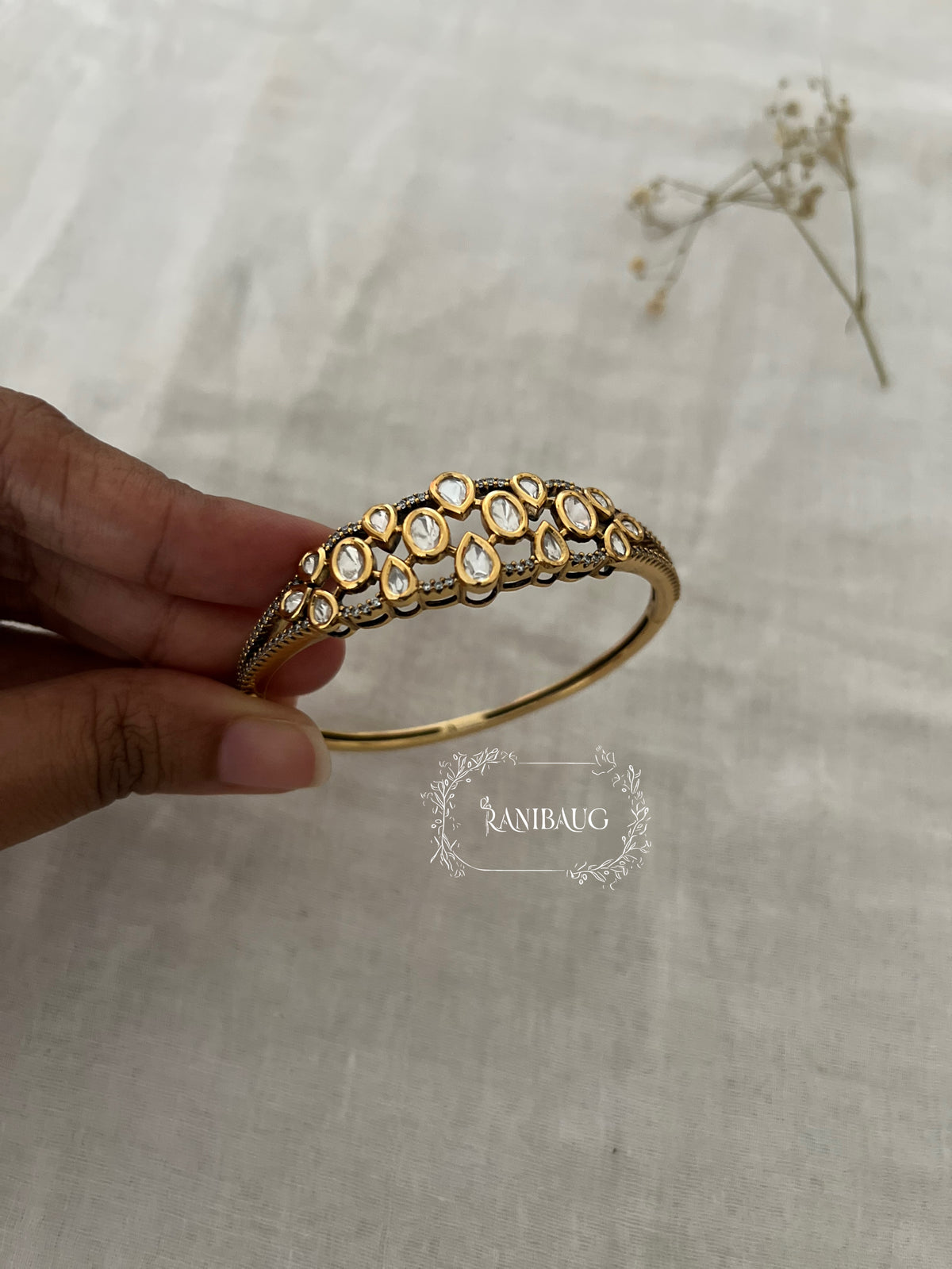 Praneeta Teardrop Polki Cluster Gold Finsh Designer Bracelet By Ranibaug