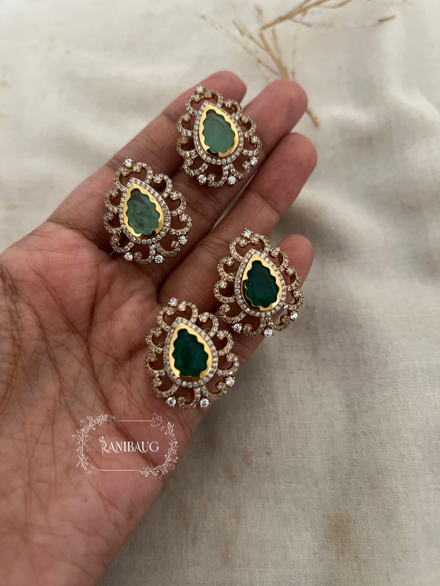 Pranita Teardrop Polki Studs | Gold-Plated Emerald Green Earrings By Ranibaug