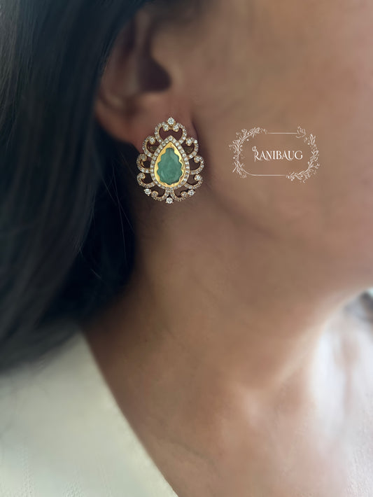 Pranita Teardrop Polki Studs | Gold-Plated Emerald Green Earrings By Ranibaug