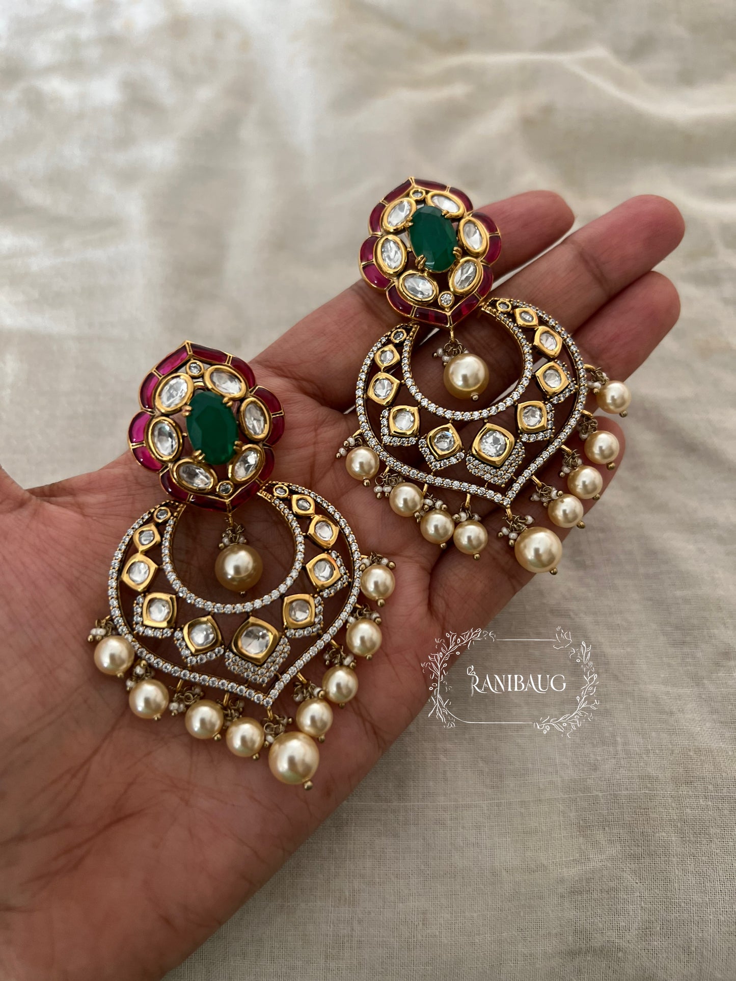 Pranjali Mossainite And Pearl Aesthetic Indian Chandbali By Ranibaug