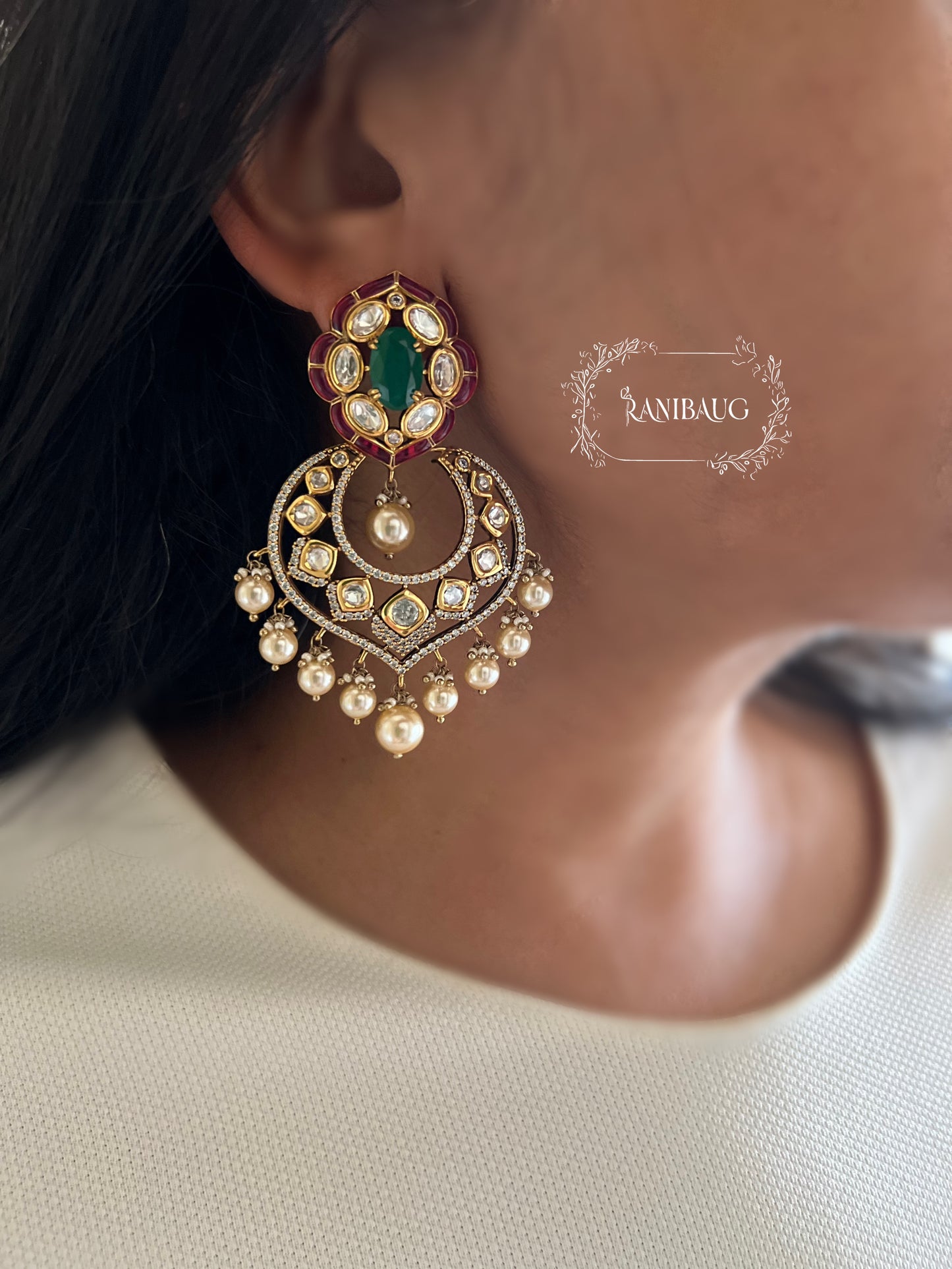 Pranjali Mossainite And Pearl Aesthetic Indian Chandbali By Ranibaug