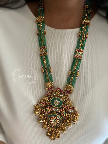 Pratibha Viraasat Gold Finish Beaded Ruby Emerald Royal Long Heritage Necklace Set By Ranibaug