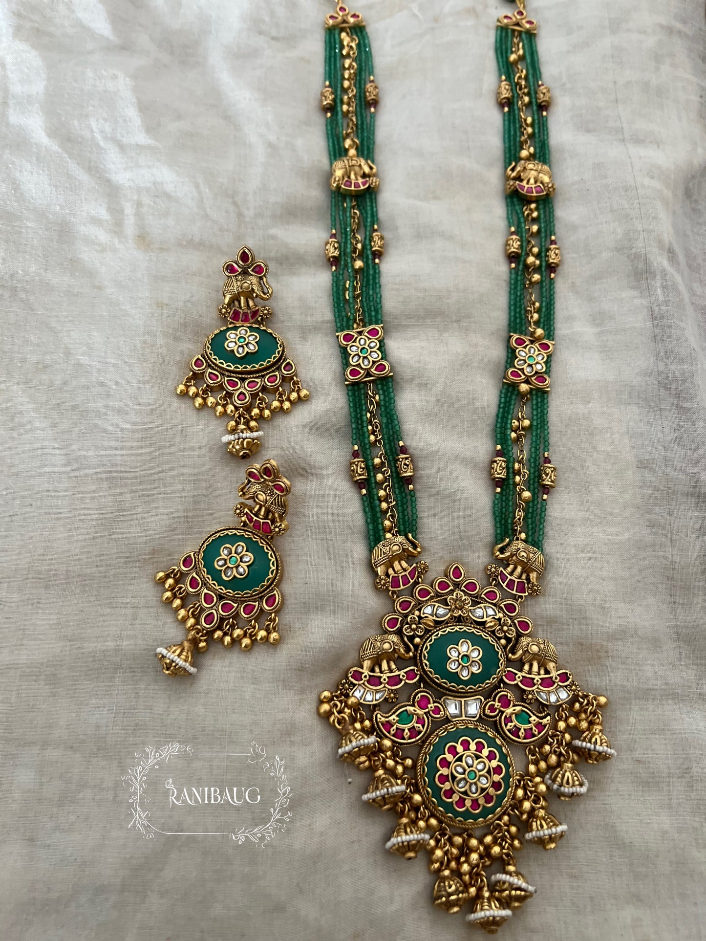Pratibha Viraasat Gold Finish Beaded Ruby Emerald Royal Long Heritage Necklace Set By Ranibaug